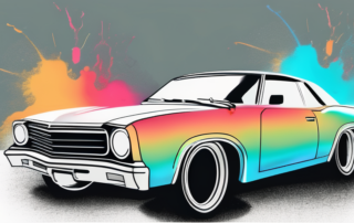 A spray paint can with a vibrant color mist emerging from it