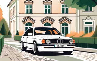 A pristine white car parked on a cobblestone street