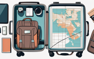 A packed suitcase with various travel essentials like a map