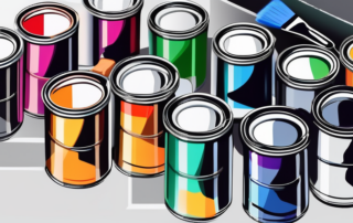 Various car paint cans with different colors and brushes next to a car with a glossy