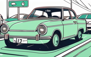 A car in mint condition on a road with traffic signs