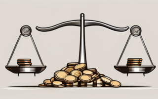 A pair of scales balancing a house and a pile of coins