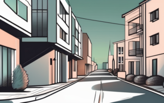 A narrow city street with a car parked opposite a driveway entrance