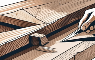 A damaged wooden surface being repaired with tools like a chisel