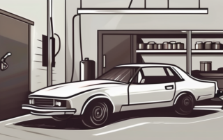 A car in a garage with an oil can and a wrench