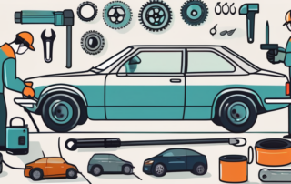 A car being inspected with various tools and equipment