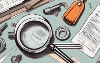 A magnifying glass over a car repair invoice with various car parts and tools scattered around