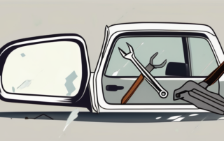 A broken car side mirror with tools like a screwdriver and wrench next to it