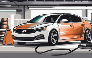 A car's fender being painted in a professional garage setting