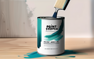 A can of paint stripper (lack abbeizer) next to a wooden surface with layers of paint being removed