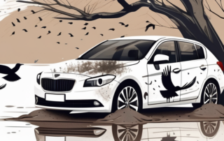 A white car parked under a tree with birds on the branches