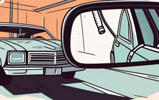 A damaged car side mirror with tools like a screwdriver and duct tape nearby