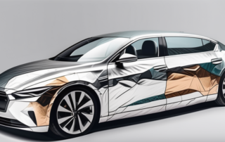 A car half-covered in foil wrap and half-painted