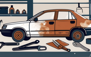 A car in a workshop with visible rust spots