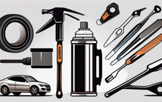 Various car repair tools arranged neatly around a can of clear lacquer