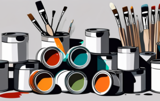 Various paint cans and brushes in different colors