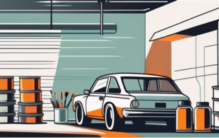 A car in a garage with several cans of paint and paintbrushes nearby