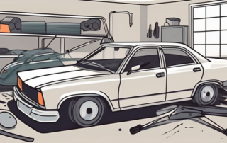 A damaged car in a garage with various repair tools and equipment around