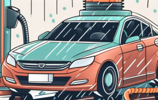 A car being washed in the rain with various cleaning tools scattered around