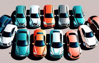 Several cars in various colors parked side by side