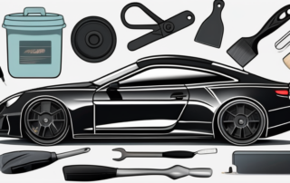 A matte black car with various tools and car detailing products surrounding it