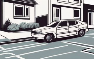 A city street scene showing a parked car opposite a driveway