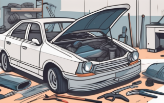 A damaged car in a workshop with various repair tools scattered around