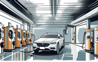 An automated car wash facility with various stages of washing