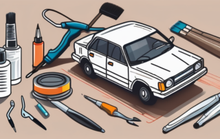 A car with a visible paint damage being repaired with a touch-up paint pen and various repair tools laid out next to it