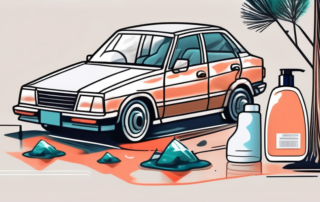 A car with visible resin stains parked under a pine tree