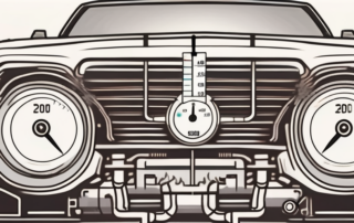 An overheating car engine with visible heat waves and a temperature gauge showing a high reading