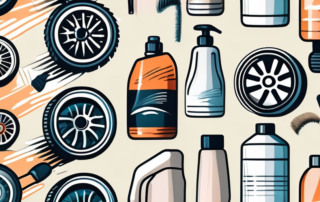 Various car wheels with different cleaning tools and homemade cleaning solution bottles nearby
