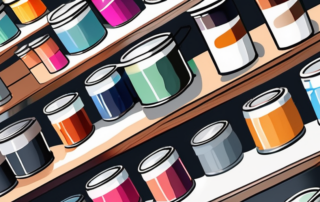 Various mipa paints and varnishes displayed on a store shelf