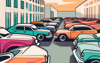 Several cars in different vibrant colors parked in a row