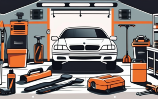 A small service car with various car maintenance tools around it