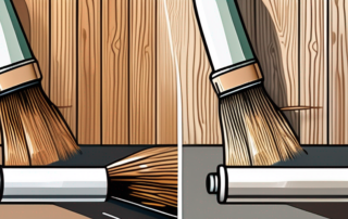 A spray can and a paintbrush applying a glossy 2-component clear coat on a wooden surface