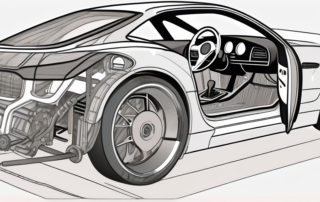 A car dissected into its main components such as the engine