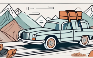 A car traveling on a scenic route with various travel essentials like a map