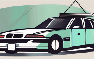 A car with tinted windows and a price tag hanging from the rearview mirror