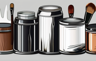 Various types of lacquer cans with different brushes and a piece of wooden furniture in the process of being lacquered