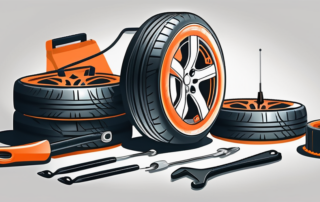 A car wheel with visible scratches and a set of repair tools nearby