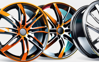 A set of car rims being coated with spray film