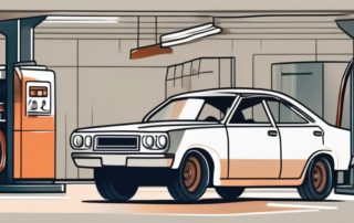 A car in a garage with an open hood and a drip tray underneath