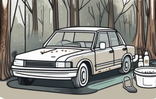 A car covered in tree sap (harz) parked near a car wash station