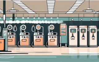 A self-service car wash station with various cleaning tools and equipment