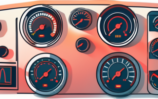 A car dashboard with various service lights illuminated