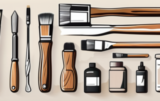 Various tools and products used for removing clear lacquer from a wooden surface