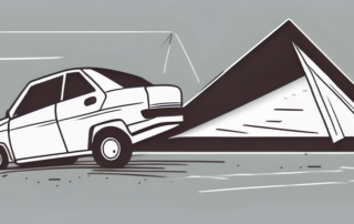 A crashed car with a safety triangle sign nearby