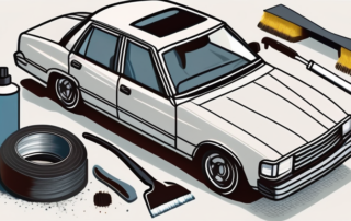 A car with visible paint damage alongside a set of car repair tools such as a spray paint can