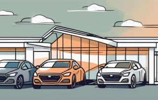 A car dealership with various models of cars at different times of the day (morning